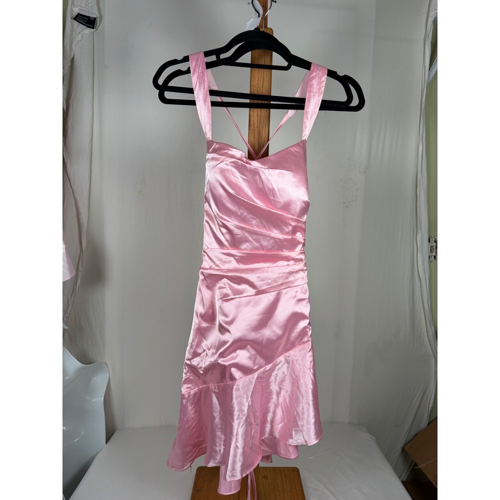 RYANTH‎ Pink Satin Ruched Lace Up Back Asymmetrical Mini Dress Size 2 NEW